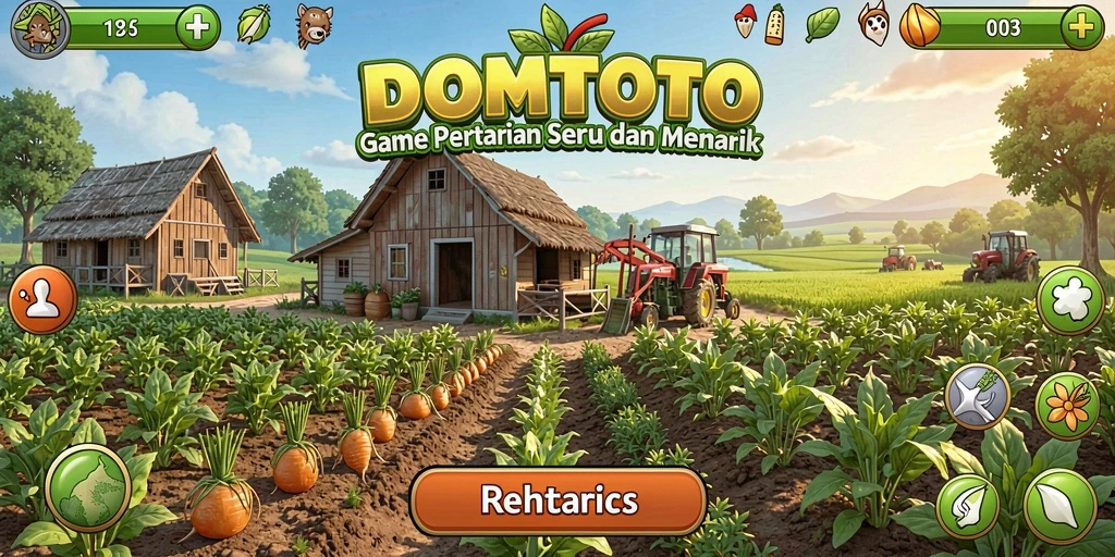 Screenshot utama DOMTOTO dengan tampilan ladang yang subur dan hewan ternak.