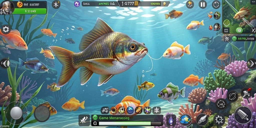 Screenshot gameplay GT777 menampilkan pemain mengangkat ikan besar di lokasi indah.