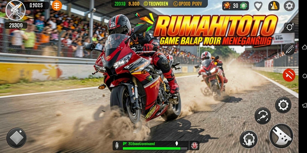 Gameplay seru RUMAHTOTO dengan balapan motor menegangkan.