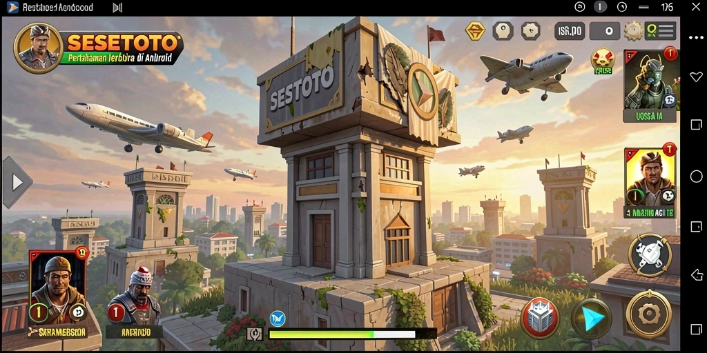 Tampilan gameplay SESETOTO dengan menara yang dibangun untuk mempertahankan basis dari serangan musuh.