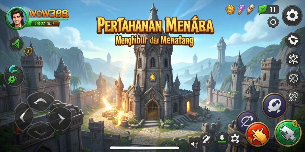 Tampilan gameplay seru dari WOW388 menampilkan berbagai tower dan strategi pertahanan.