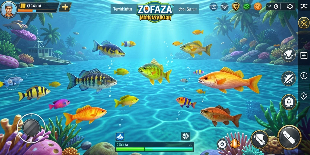 Screenshot gameplay ZOFAZA menampilkan momen menegangkan saat menangkap ikan.